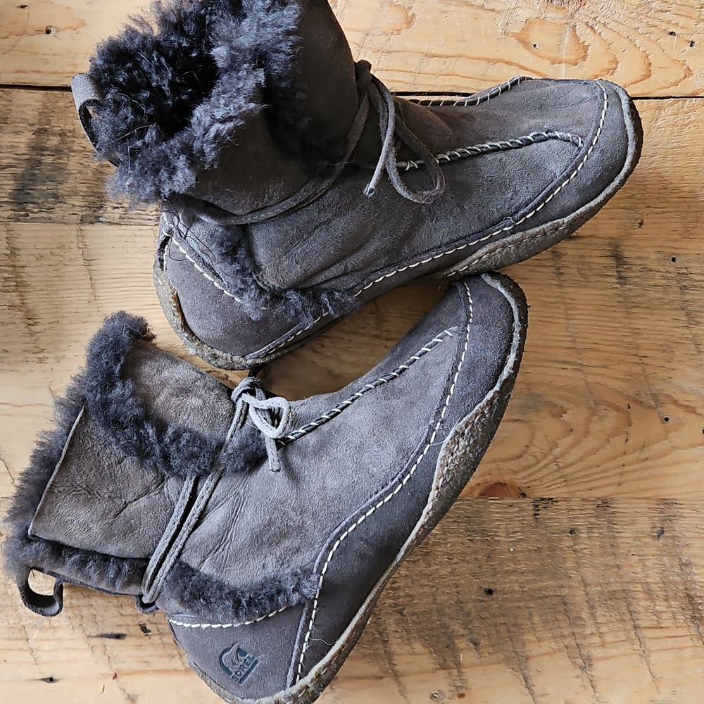 Sorel Gray Suede Shearling Ankle Boots